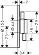 Diagramm eines Unterputzmischers von Hansgrohe mit Maßen und Anordnung der Komponenten für zwei Verbraucher. Technische Zeichnung zur Installation und Planungszwecken.